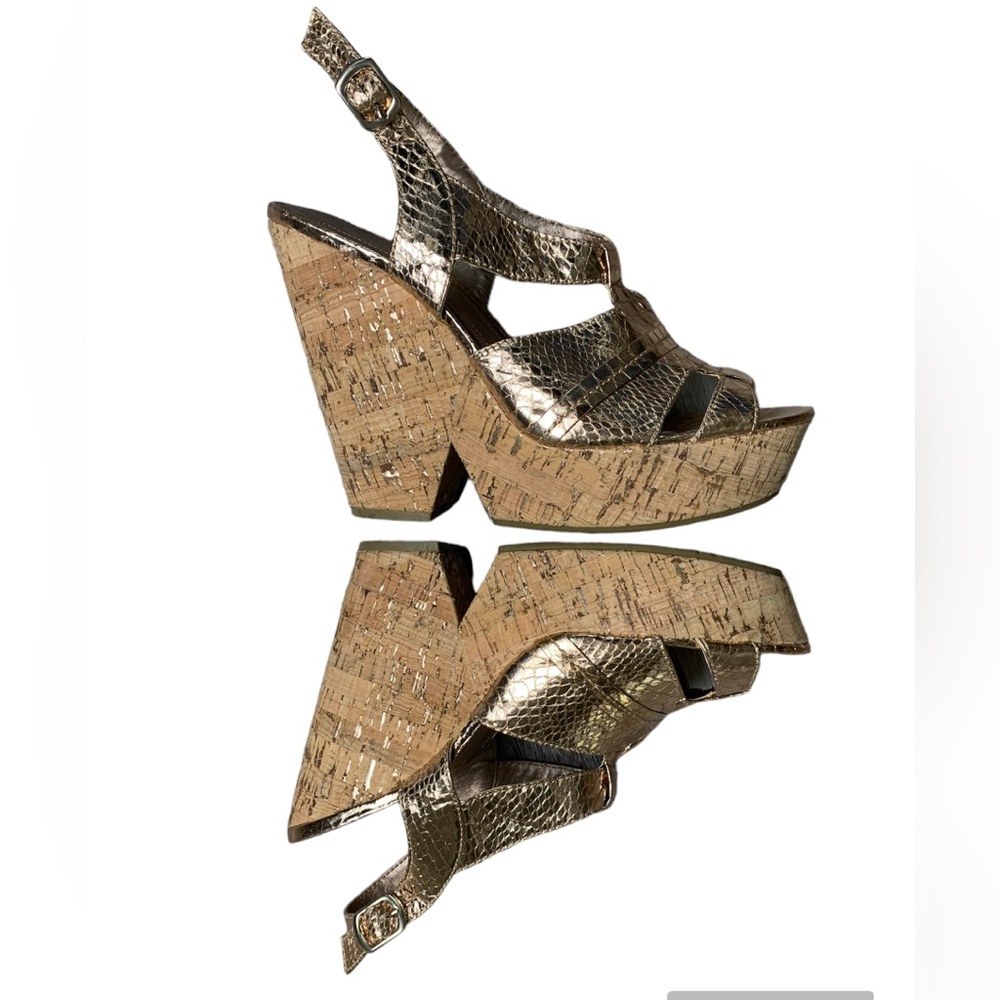 BCBGeneration Edelle Rose Gold Snakeskin Cork Platform Wedge Sandals 9.5